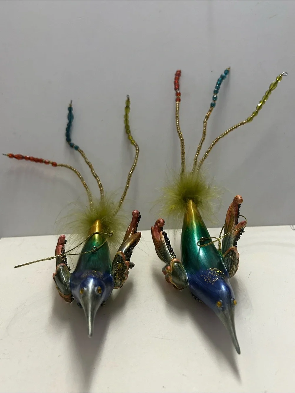 Iridescent Bird Ornaments Hummingbird with Feathered and Beaded Tails Vintage